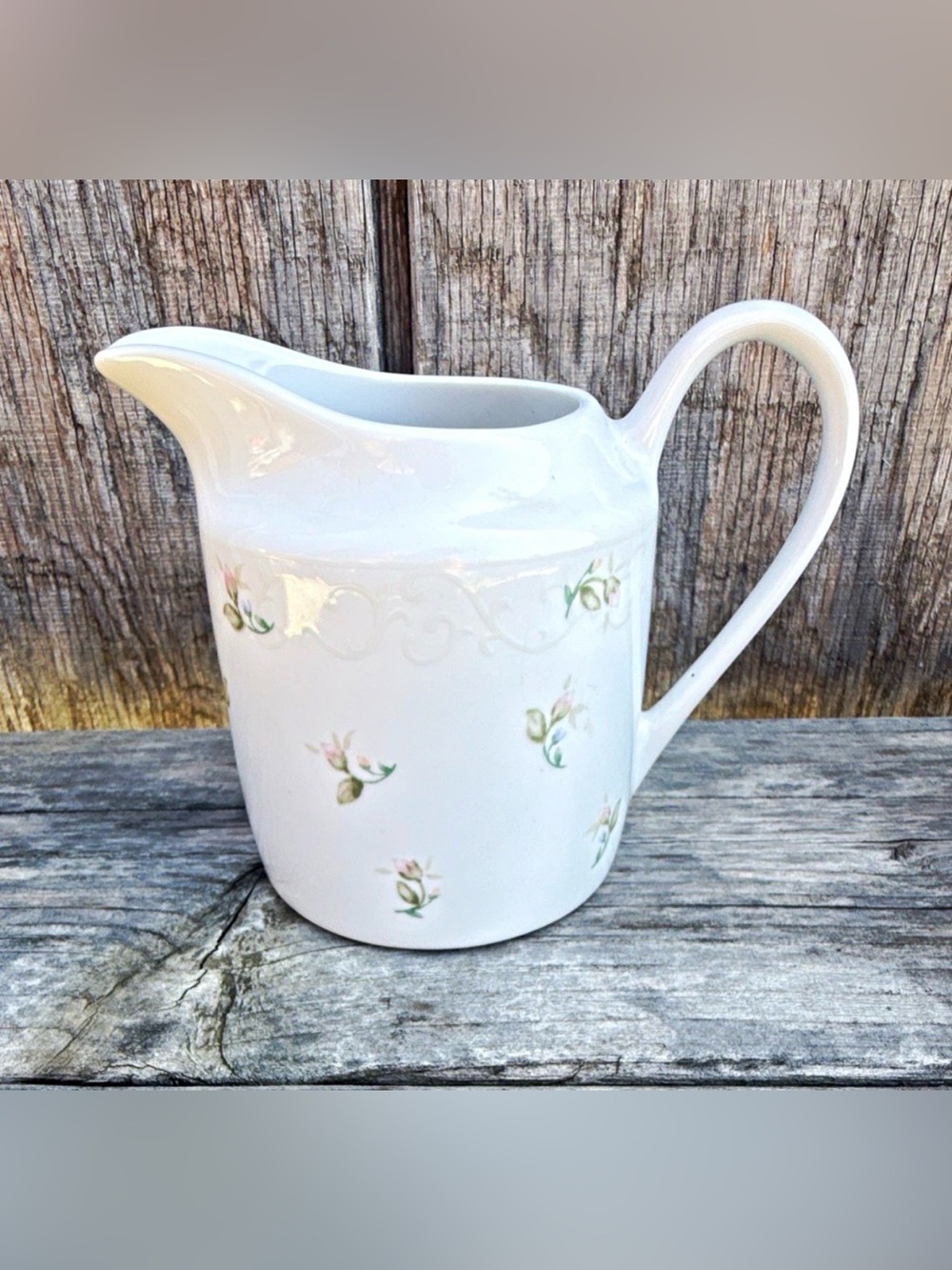 Gorham Lady Anne White Porcelain Creamer with Pink, Green Elegant Rose Pattern
